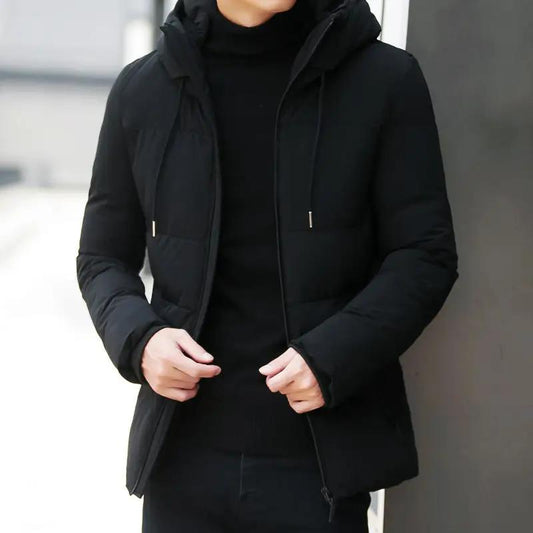 Luxurious detached hooded coat with zipper placket in black, perfect for winter.