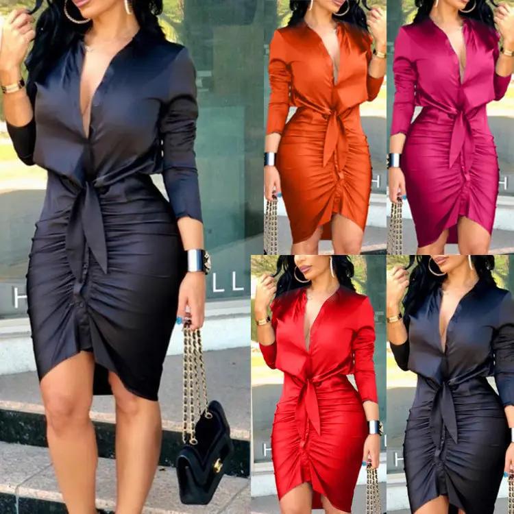 Elegant Fashion for Passionate Women: Midi Dress Shirt with Lace-up & Solid Color