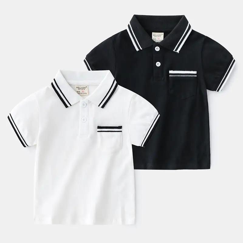 Boys' summer polo shirts in black and white, casual short sleeve, cotton fabric.