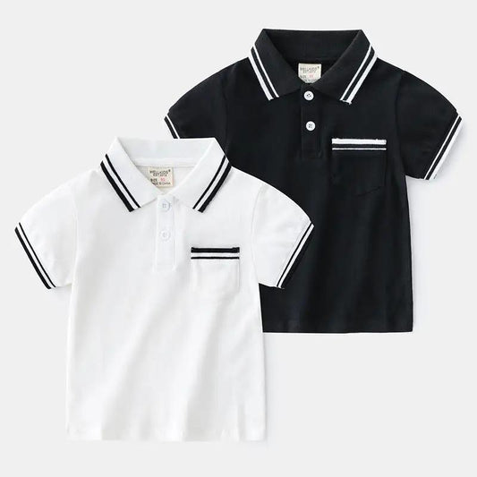 Boys' summer polo shirts in black and white, casual short sleeve, cotton fabric.