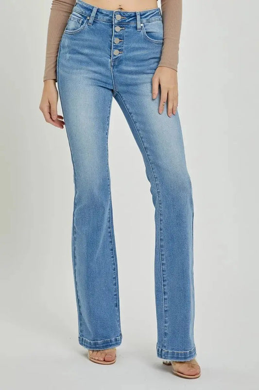 RISEN full size high rise button fly bootcut jeans showcasing a flattering silhouette.
