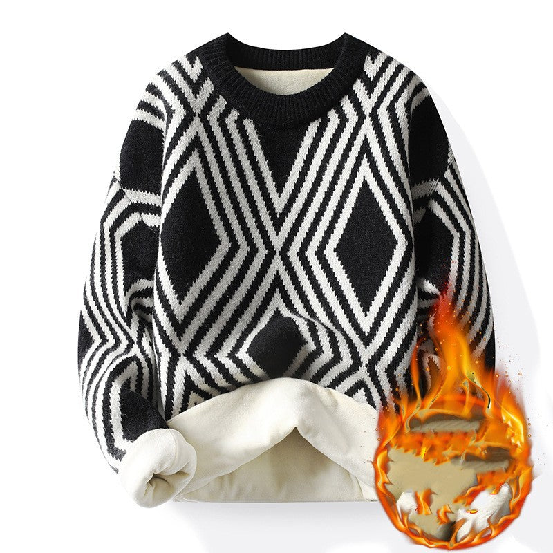 Round Neck Cashmere Sweater Men's Knitted with geometric design in black and white pattern.