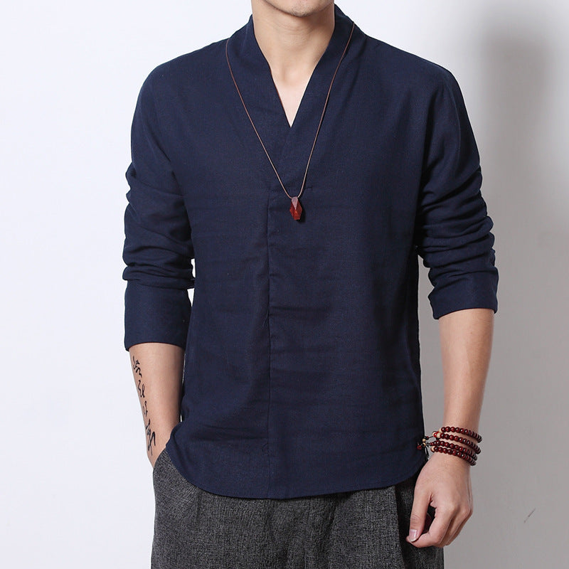 New Linen Shirt Men's Long-Sleeved Loose Tea Clothes Zen Clothes