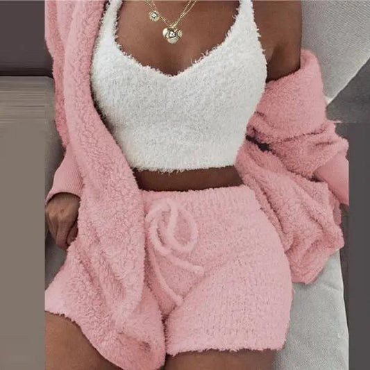 3 Piece plush loungewear set with shorts in soft pink.