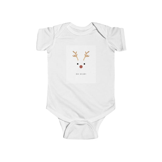 Holiday infant bodysuit with reindeer design in white fabric.