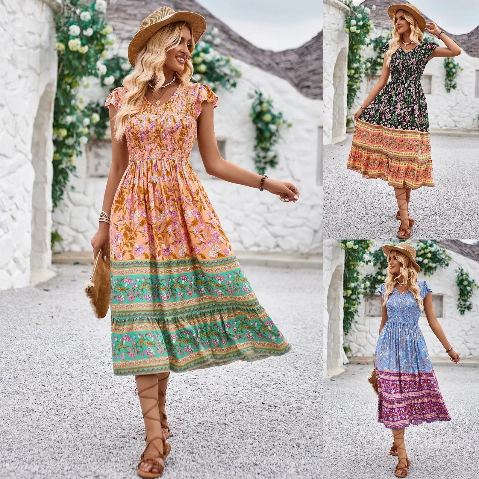 V-neck Ruffle Sleeveless Bohemian Holiday Beach Dress | Summer Style GIGI & POPO V-neck Ruffle Sleeveless Bohemian Holiday Beach Dress | Summer Style GIGI & POPO