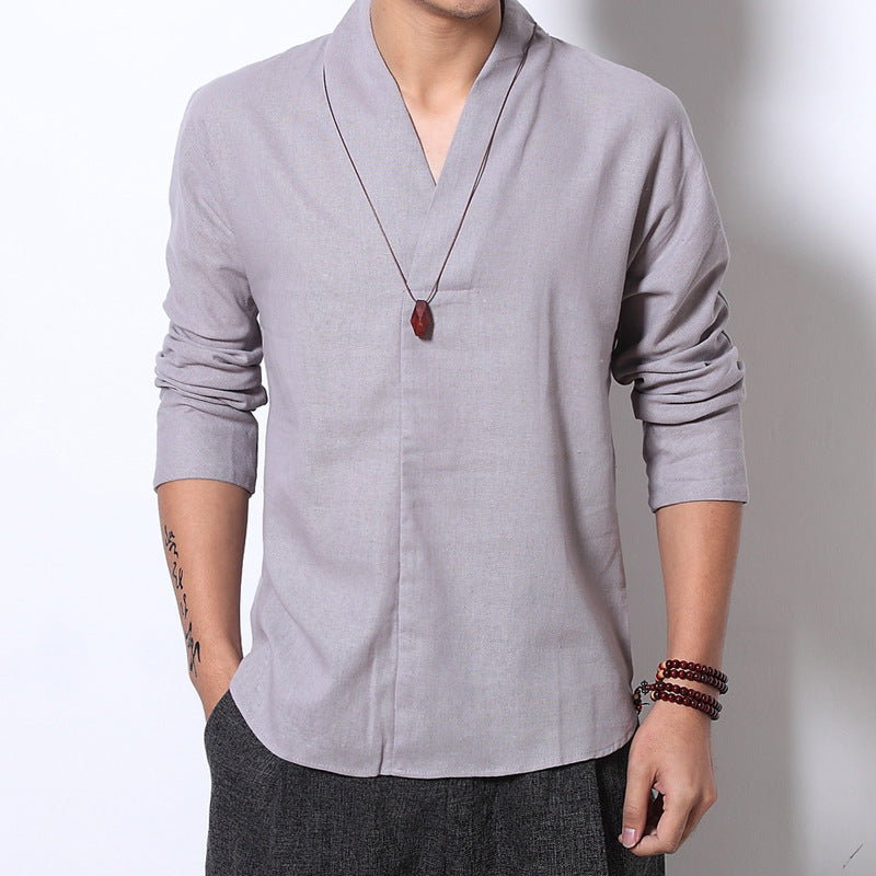 New Linen Shirt Men's Long-Sleeved Loose Tea Clothes Zen Clothes