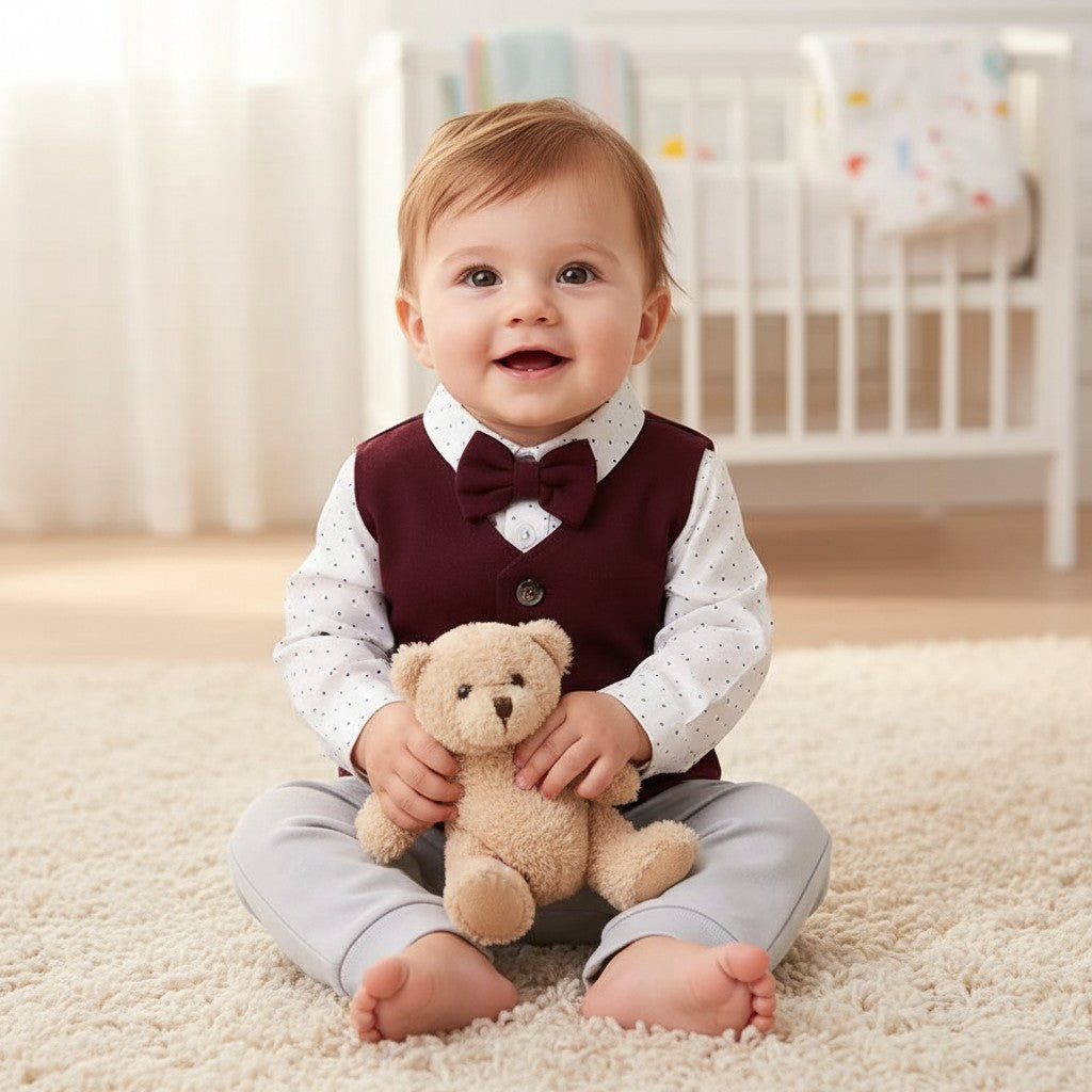 GIGI & POPO baby boy wearing a burgundy vest, polka dot shirt, and bowtie, sitting on a rug with a teddy bear.