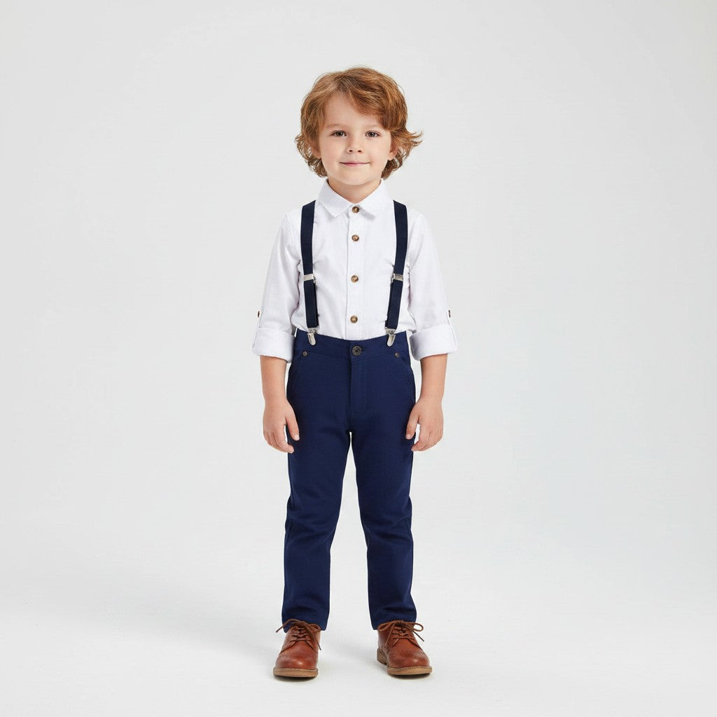 GIGI & POPO boys' blue formal suit set featuring a white button-down shirt, navy trousers, and matching suspenders.