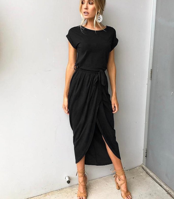 2021 summer crossover new solid color anti-sleeve flat jumpsuit long skirt dress - GIGI & POPO - Women - Black / XS