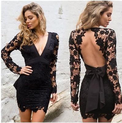 Halter deep V lace dress with floral pattern and pencil skirt silhouette.