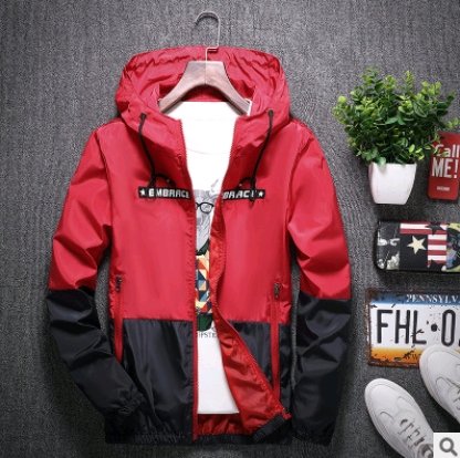 autumn thin section youth outerwear student slim clothes handsome hooded jacket in red and black with striped pattern