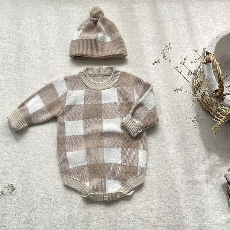 Baby Sweater Checkerboard Jumpsuit With Hat - GIGI & POPO