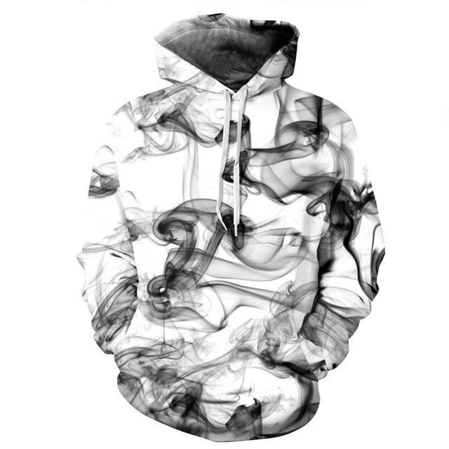 Black and white smoke pattern Black Haze Hoodie with drawstring.