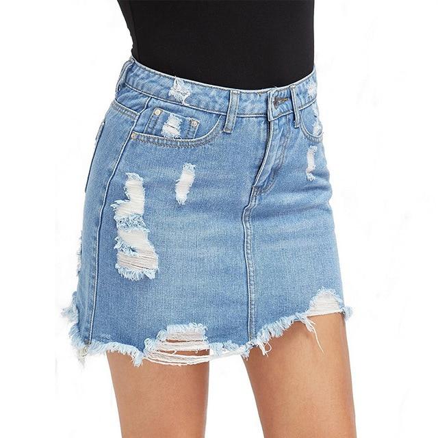 Blue Ripped Denim Mid Waist Skirt - GIGI & POPO - Women - blue / S