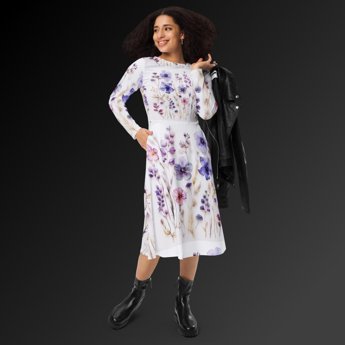 Boho purple flowers midi dress with long sleeve - GIGI & POPO