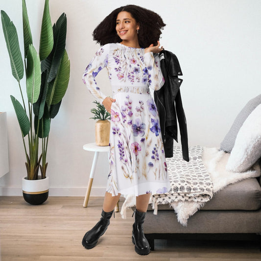 Boho purple flowers midi dress with long sleeve - GIGI & POPO