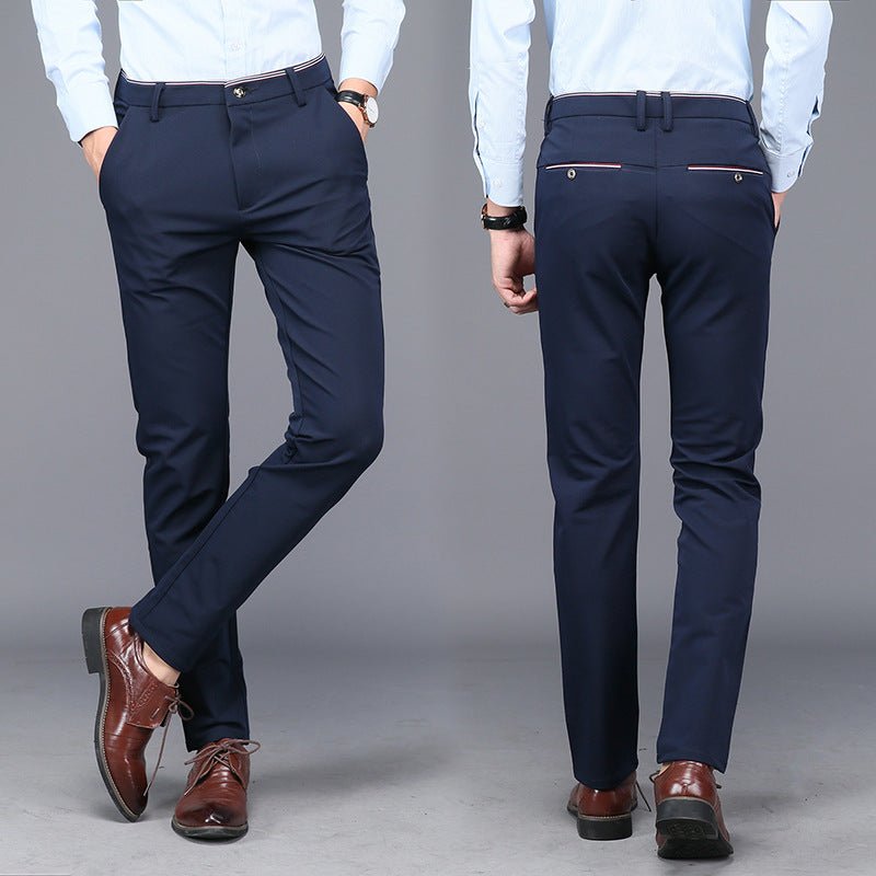 Business casual men's dress pants in navy blue, showcasing front and back view.