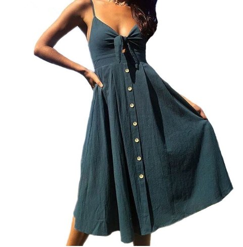 Buttoned Bow Back Sexy Strap Dress - GIGI & POPO