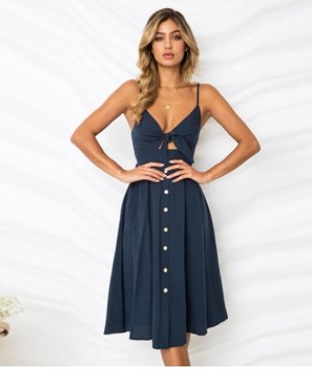 Buttoned Bow Back Sexy Strap Dress - GIGI & POPO