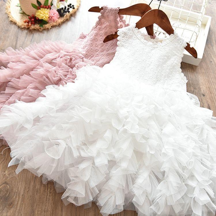Children's Skirt Lace Long-Sleeved/ Sleeveless Girls Dress - GIGI & POPO - Girl Dresses - White Sleeveless / 100cm