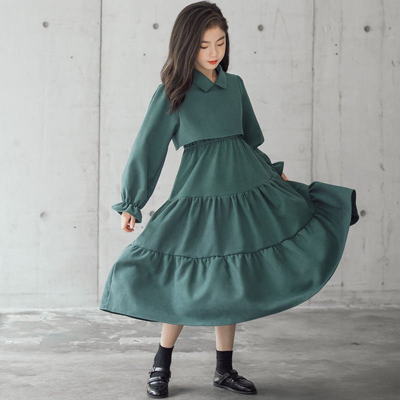 Corduroy cotton children's trendy thick warm A-line dress in dark green.