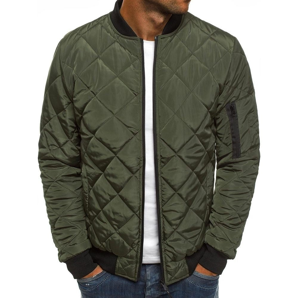 Men's green cotton bomber jacket with polyester fiber, quilted design.