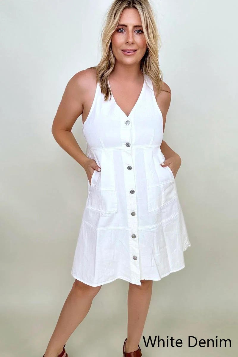 Davi & Dani Button Front Adjustable Strap Denim Dress - GIGI & POPO