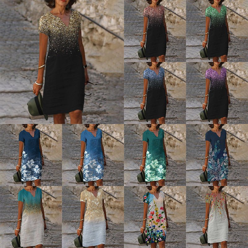 European and American women's spring fashion dress in various colorful prints, cotton blend fabric.