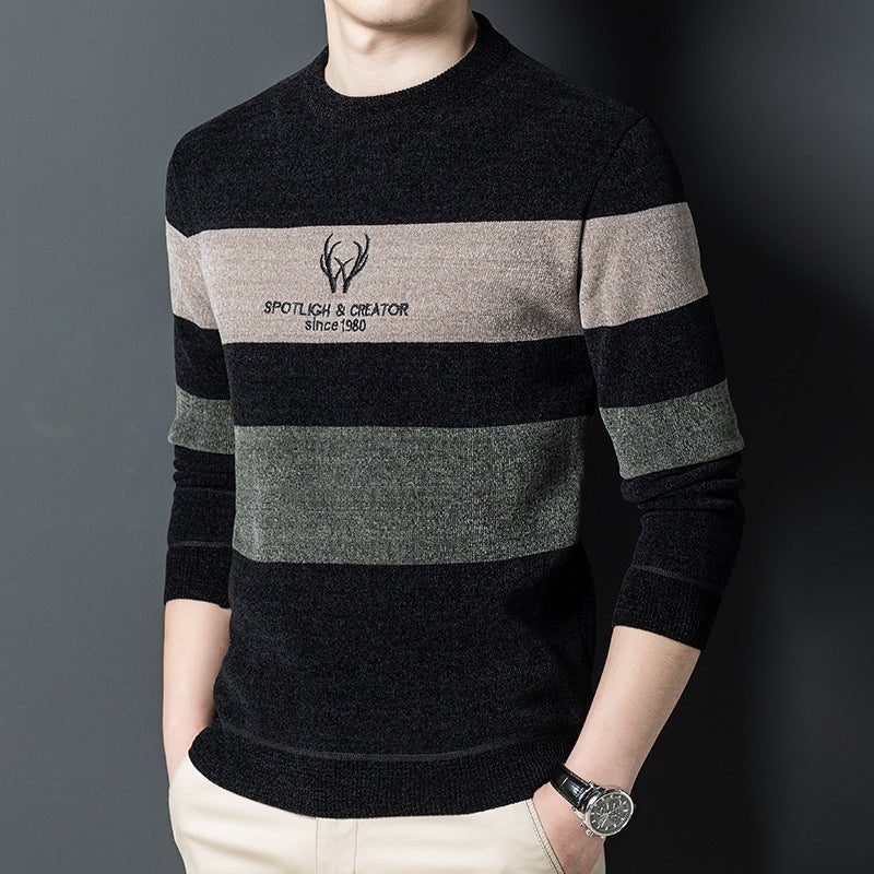 Dusted Chenille Men's Knit Sweater with striped design and round collar.