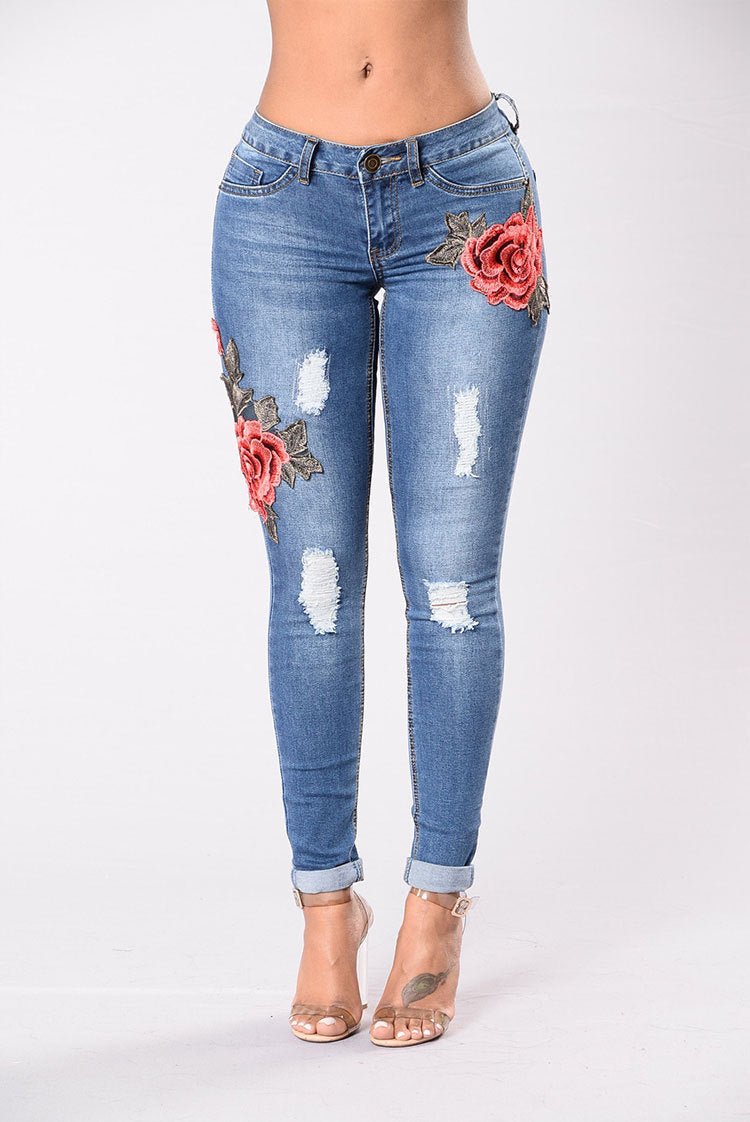 Embroidery jeans stretch jeans pants - GIGI & POPO - Women - Dark blue / s