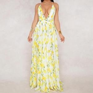 European and American deep V-neck back chiffon dress - GIGI & POPO - Dress - yellow / XL