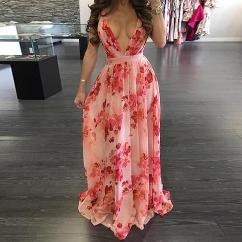 European and American deep V-neck back chiffon dress - GIGI & POPO - Dress - Pink / XXL