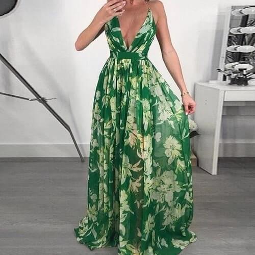 European and American deep V-neck back chiffon dress - GIGI & POPO - Dress - green / XL