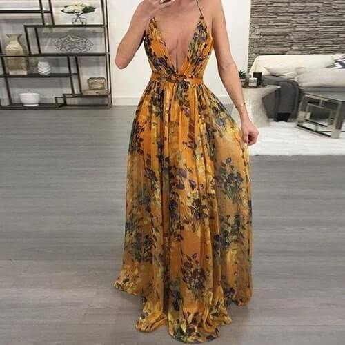 European and American deep V-neck back chiffon dress - GIGI & POPO - Dress - orange / S