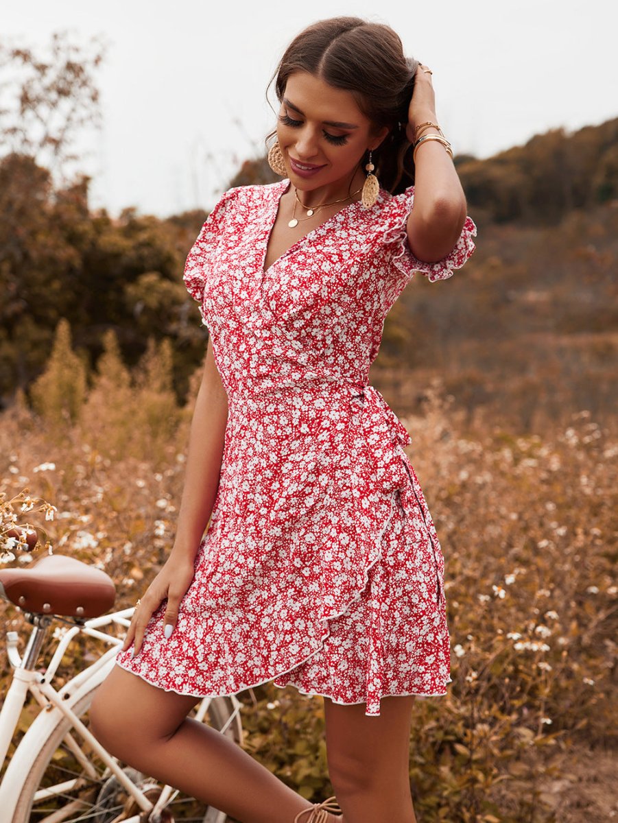 European and American spring women's V-neck casual printed dress in a floral design.