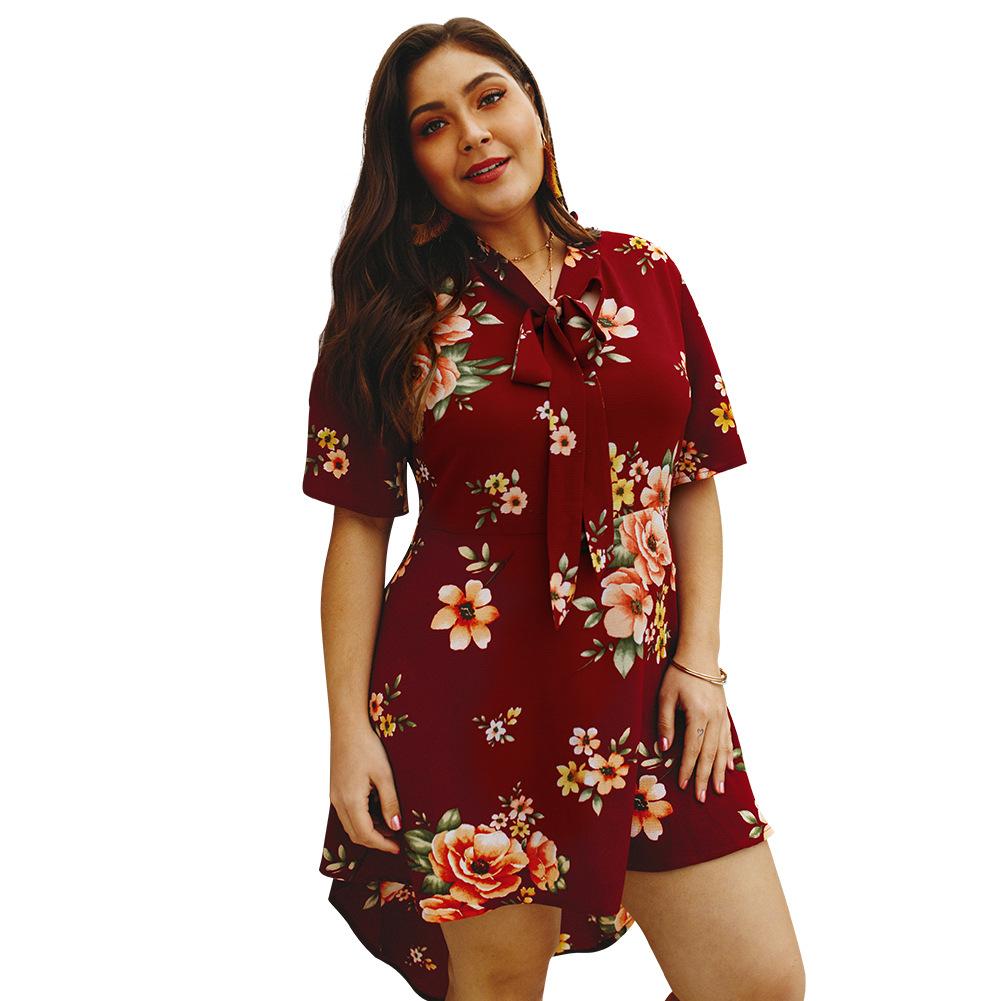 Explosion models 2021 spring and summer elegant print dress - GIGI & POPO - Women - Claret / 4XL