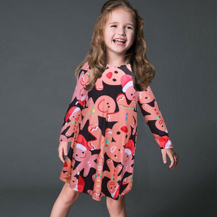 Fashion Casual Santa Printed Long Sleeve Girls Dress - GIGI & POPO - Baby Girl -