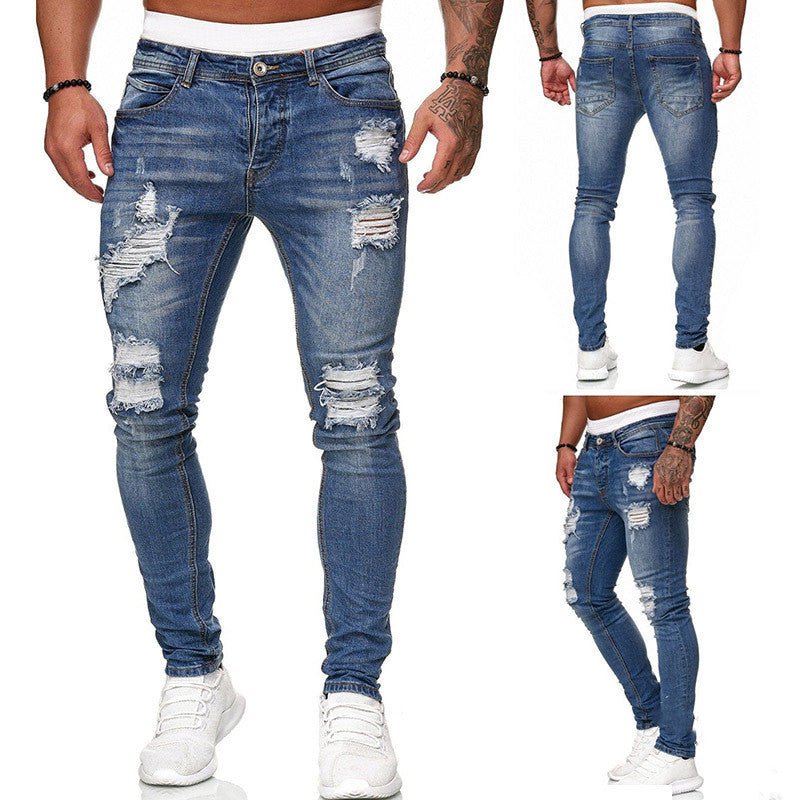 Ripped fashion jeans in dark blue, pencil style, middle waist, distressed design, suitable for youth.