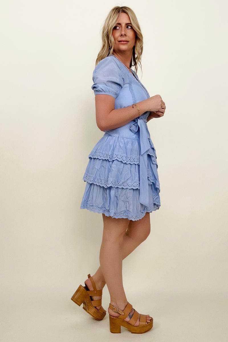 Faux Wrap V-Neck Tie Waist Tiered Mini Dress - GIGI & POPO