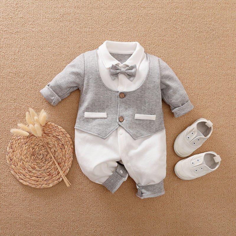 Gentleman's long-sleeved cotton romper with bow tie and shoes.