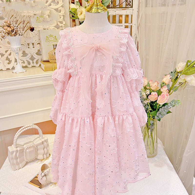 Pink fashionable girls' one-piece dress with long sleeves.