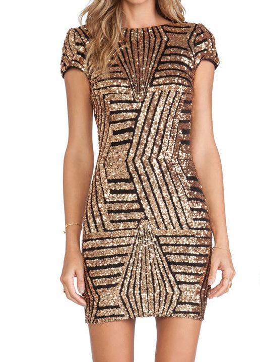 Gold sequined short sleeve hip dress - GIGI & POPO - Dress - Black gold / M