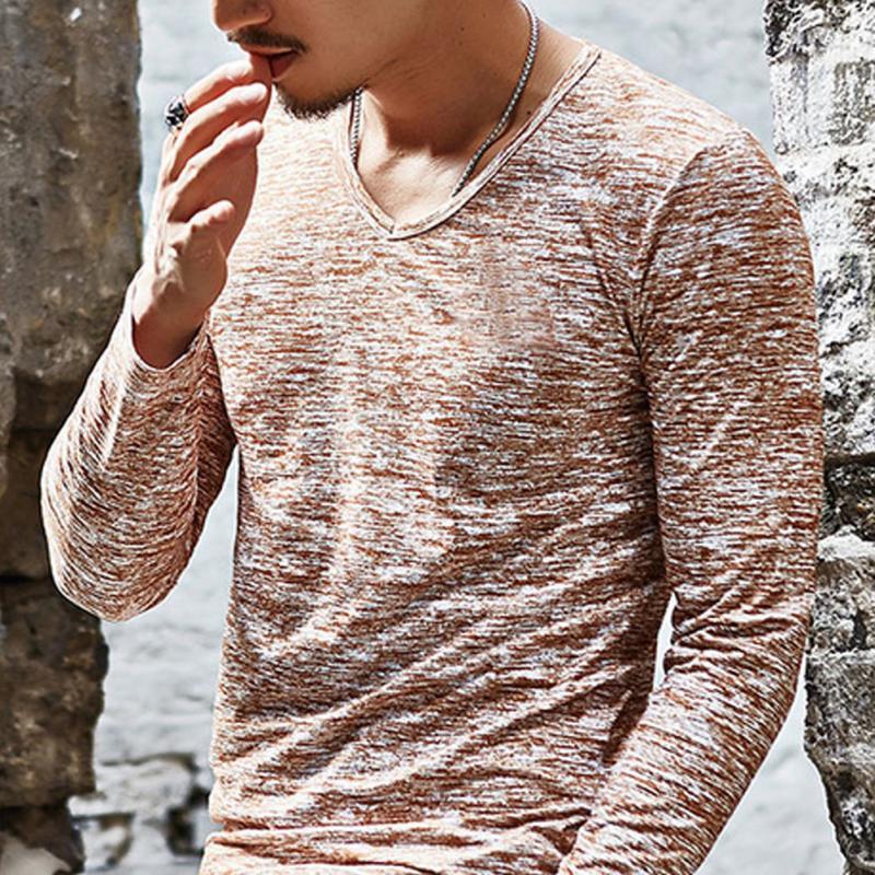 Hot 2021 New Arrival Spring Autumn Fashion Brand V-Neck Slim Fit Long Sleeve TShirt Men Trend Casual Men T-Shirt Korean T Shirts - GIGI & POPO - Men - Beige / M