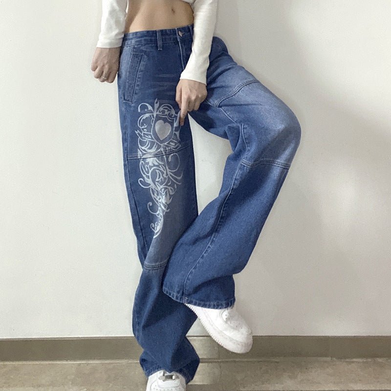 Loose Trousers Low-rise Pleated Heart-print Washed Jeans - GIGI & POPO - Jeans -