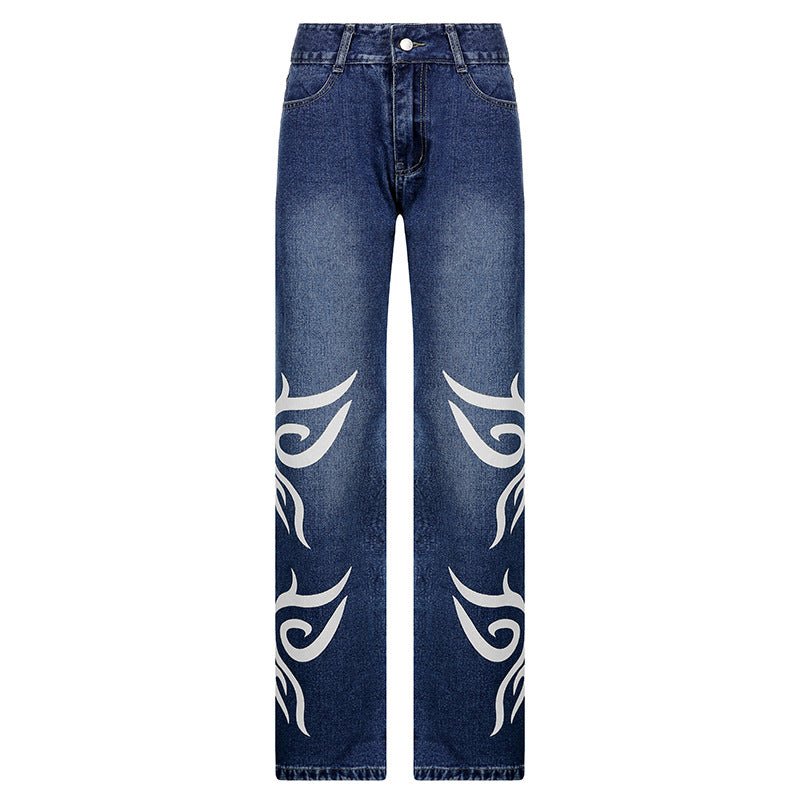 Loose Trousers Low-rise Pleated Heart-print Washed Jeans - GIGI & POPO - Jeans - B Blue / L