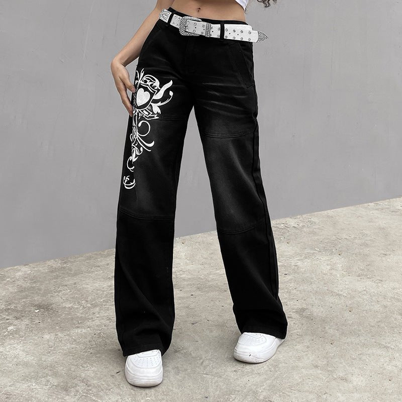 Loose Trousers Low-rise Pleated Heart-print Washed Jeans - GIGI & POPO - Jeans -