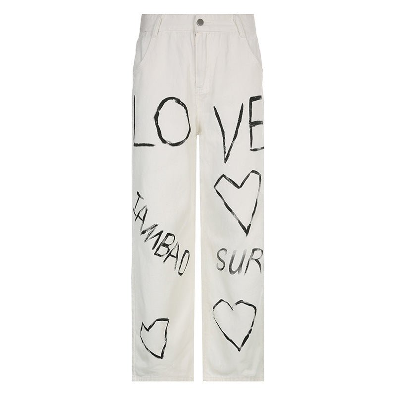 Loose Trousers Low-rise Pleated Heart-print Washed Jeans - GIGI & POPO - Jeans - White / L