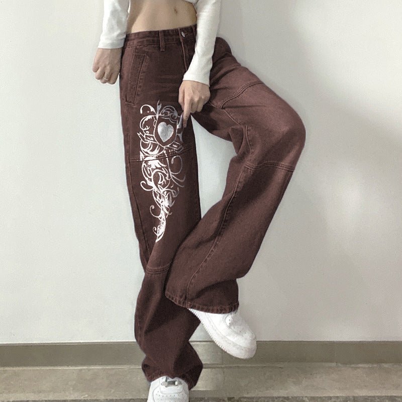 Loose Trousers Low-rise Pleated Heart-print Washed Jeans - GIGI & POPO - Jeans -