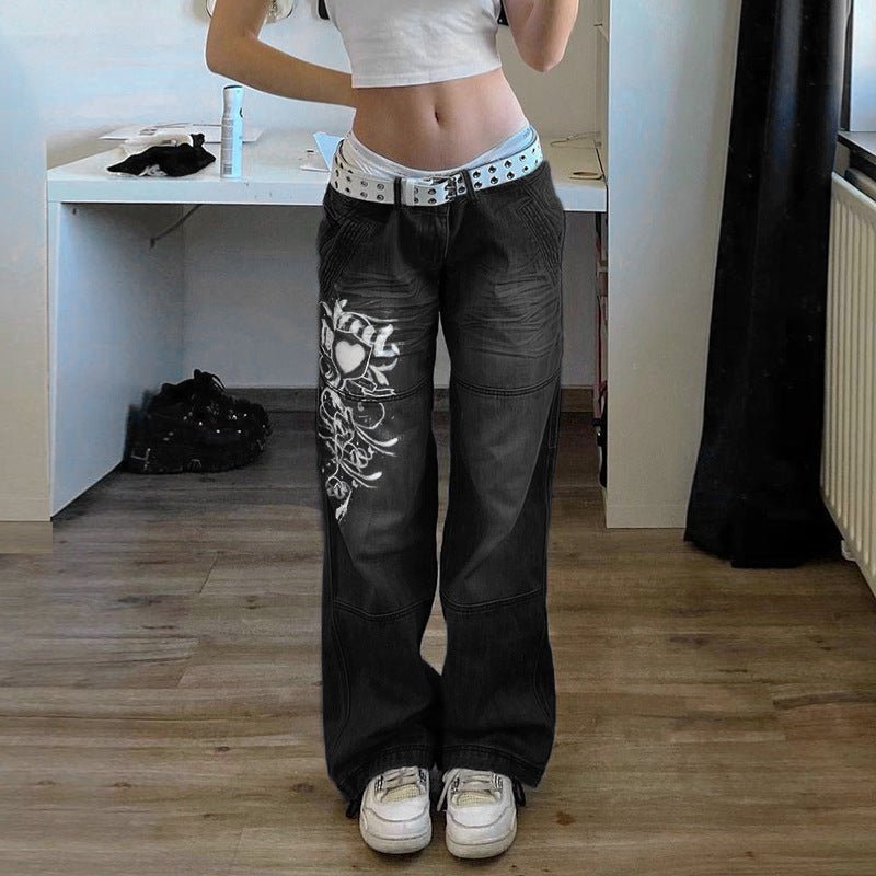 Loose Trousers Low-rise Pleated Heart-print Washed Jeans - GIGI & POPO - Jeans -